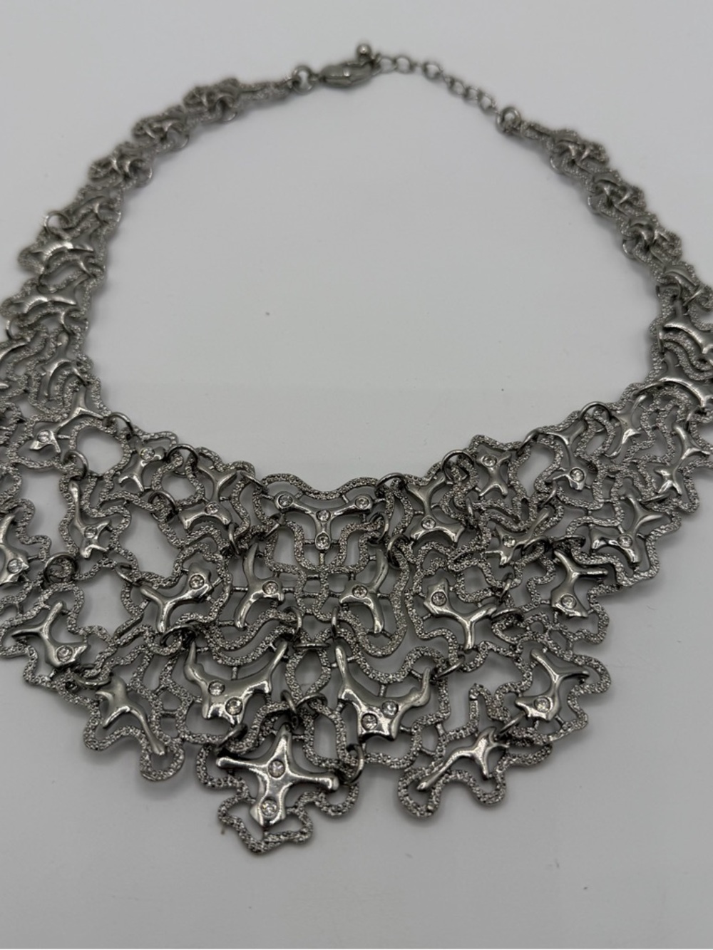 Silver Tone Statement Bib Necklace Rhinestone Abstract Openwork Collar